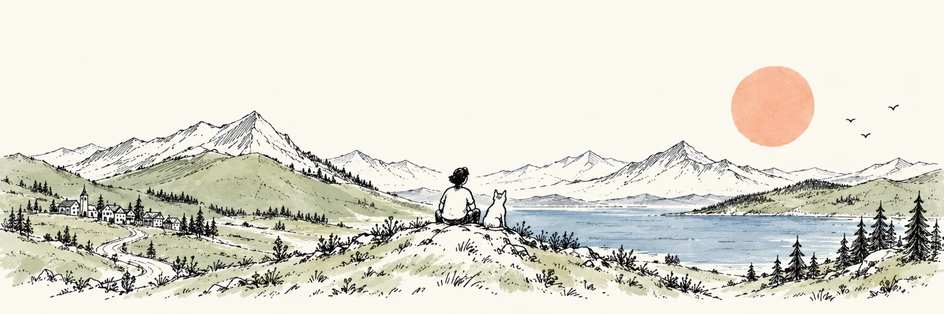 A person and a dog sitting on a hill, looking out over mountains, a village, and a quiet lake under a peach sun.
